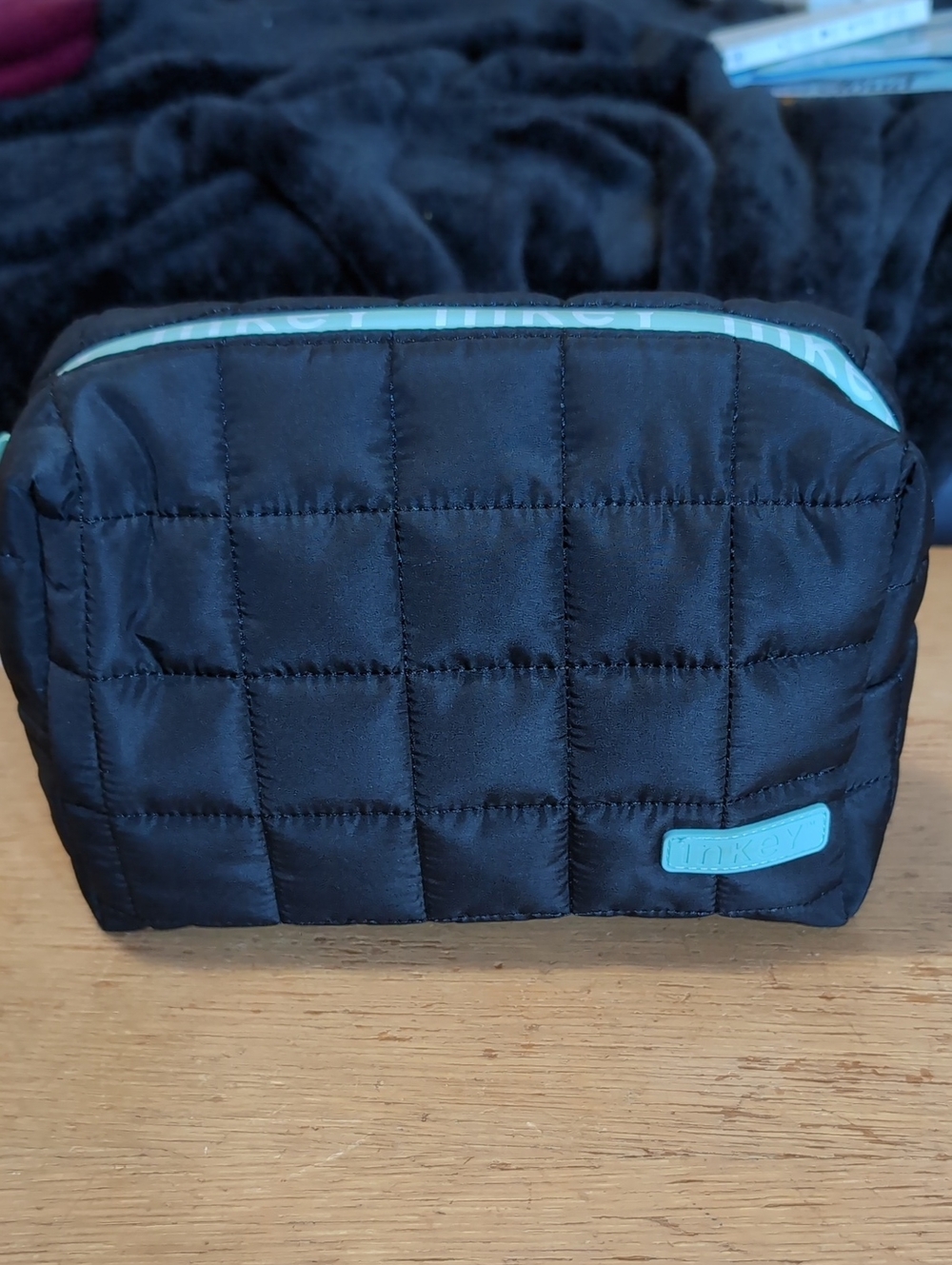 Imkey Quilted Black Cosmetic Case with Teal Trim